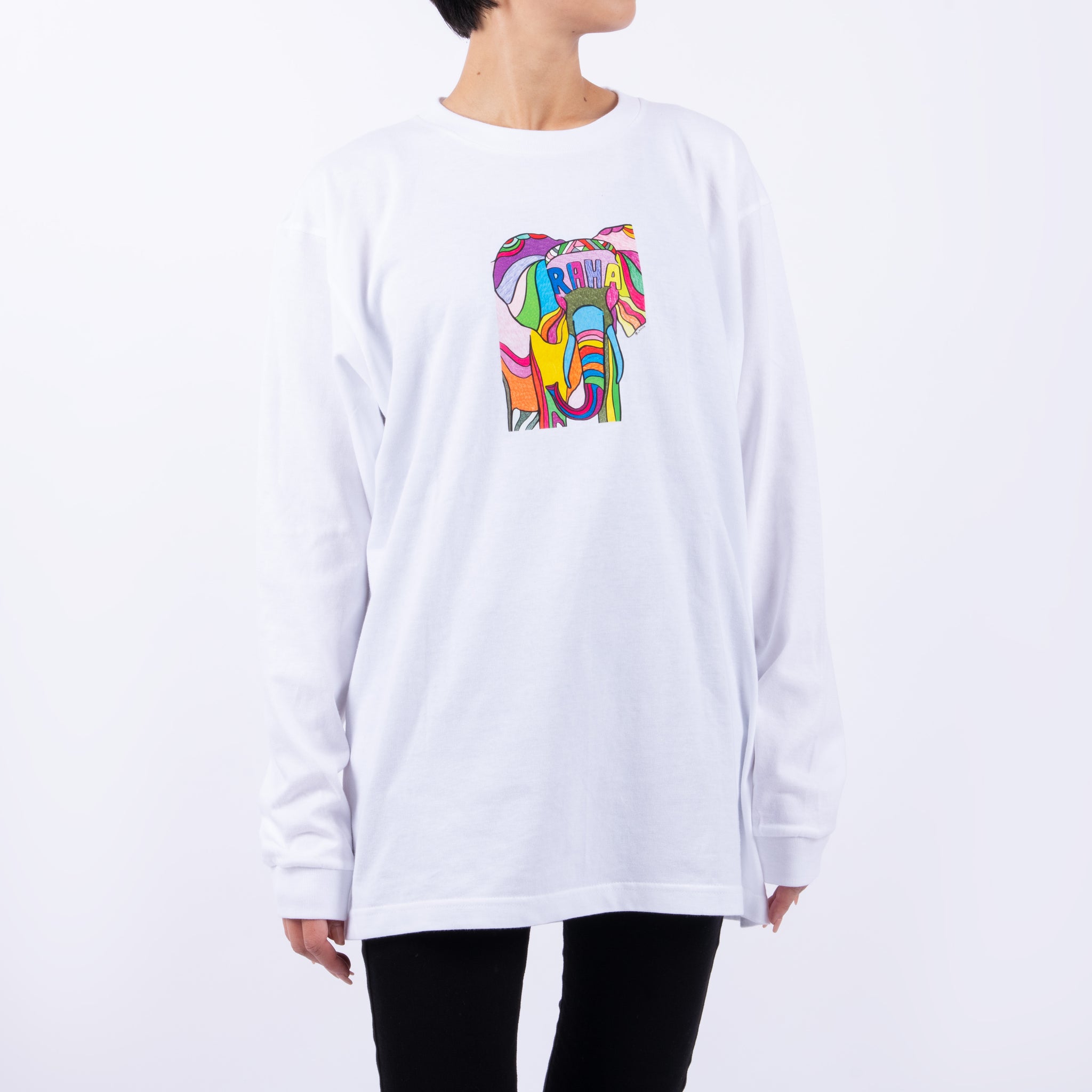 【予約商品／11月下旬にお届け】Moyo Art Long Sleeve Tshirt（ゾウ/White）