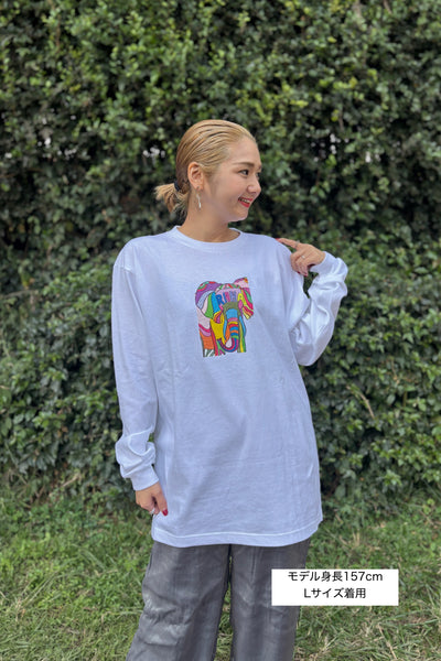 【予約商品／11月下旬にお届け】Moyo Art Long Sleeve Tshirt（ゾウ/White）